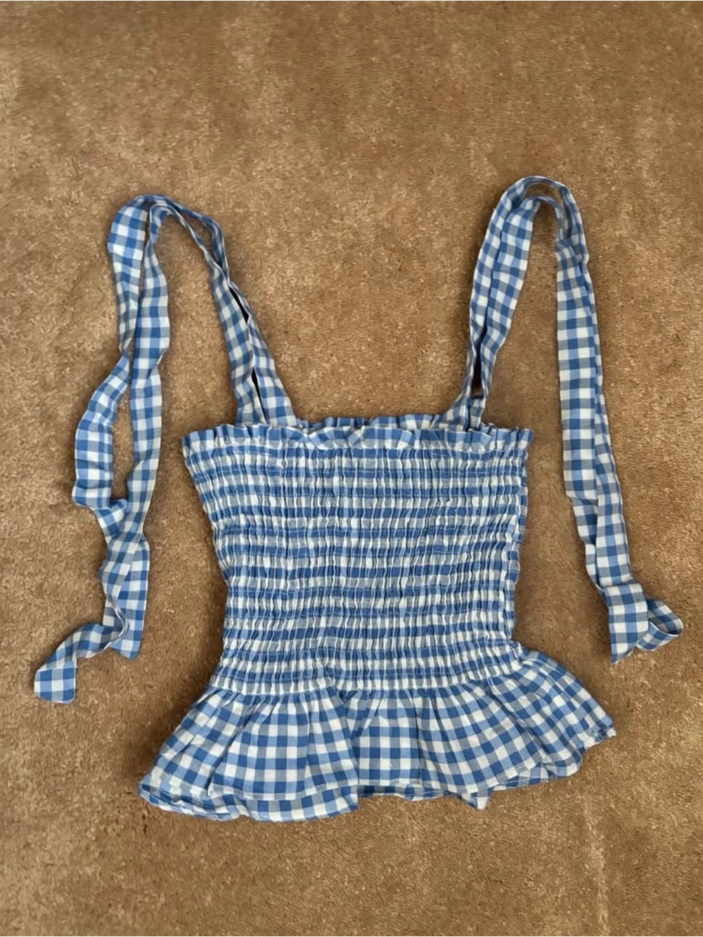 Smocked Gingham Tie-Strap Tank Top - Blue